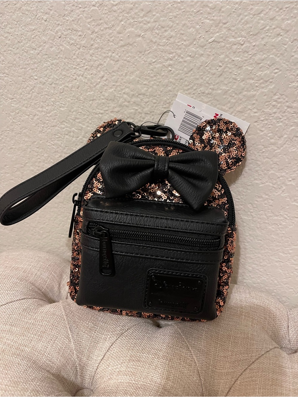 Sequin Mini Loungefly Bow Wristlet Bag - Black and Rose Gold
